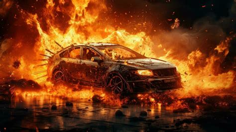 Car On Fire Accident Burning Car Background Car Insurance Concept