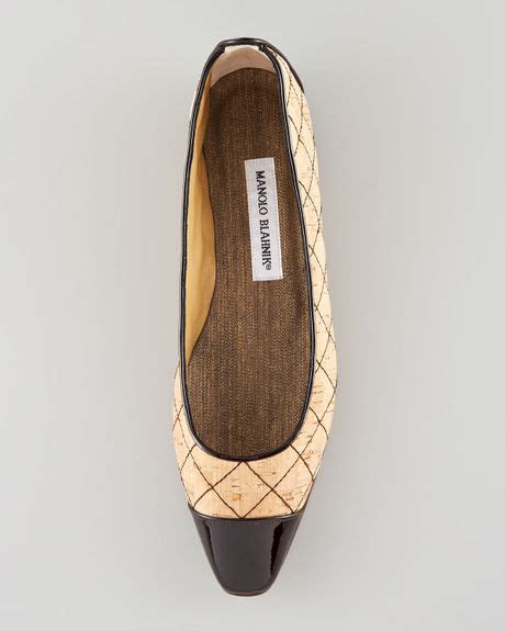Manolo Blahnik Quilted Two Tone Patent Leather Trim Ballet Flats In