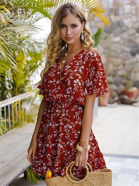 Floral Print Surplice Front Dress Shein Usa In 2020 Dresses Floral