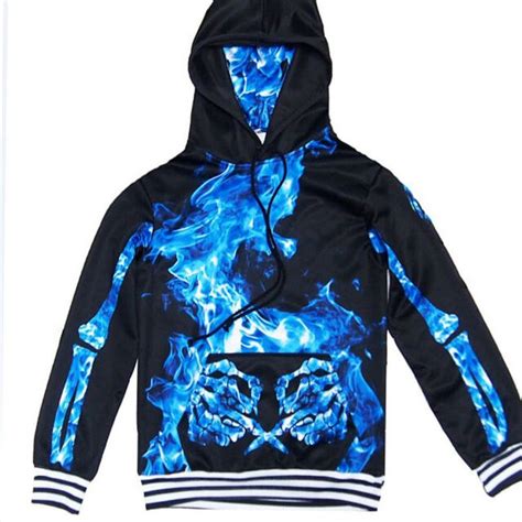 Hooed Men Sweatshirt 3d Funny Print Blue Skull Bone Skeleton Casual