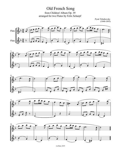 Tchaikovsky Old French Song Op 39 Arr For Two Flutes Sheet