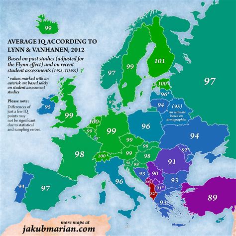 The average iq of western europe is slightly revised downwards (australia, luxembourg, the netherlands, germany, belgium), probably because about 75% of the economic variance between countries is explained by the average iq of the population. Average IQ in Europe by country : europe