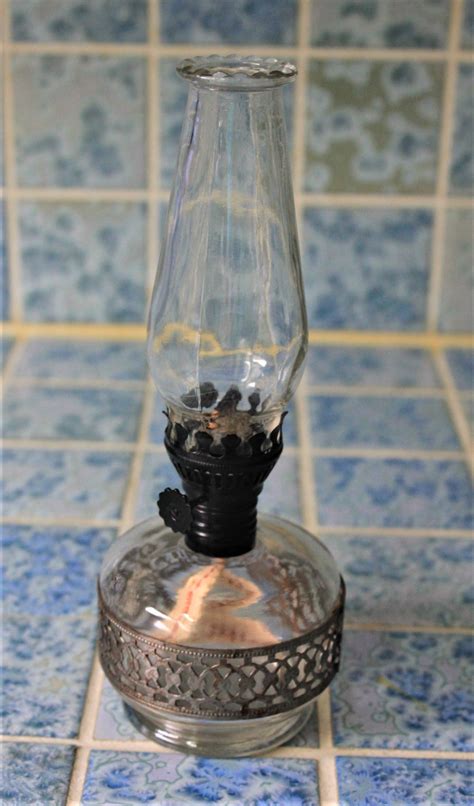 Vintage Oil Lamp Decorative Oil Lantern Pewter Colored Band 8 Inches Tall Glass Kerosene Light