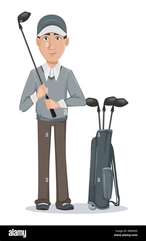 golf player handsome golfer cartoon character holding golf club vector illustration on white