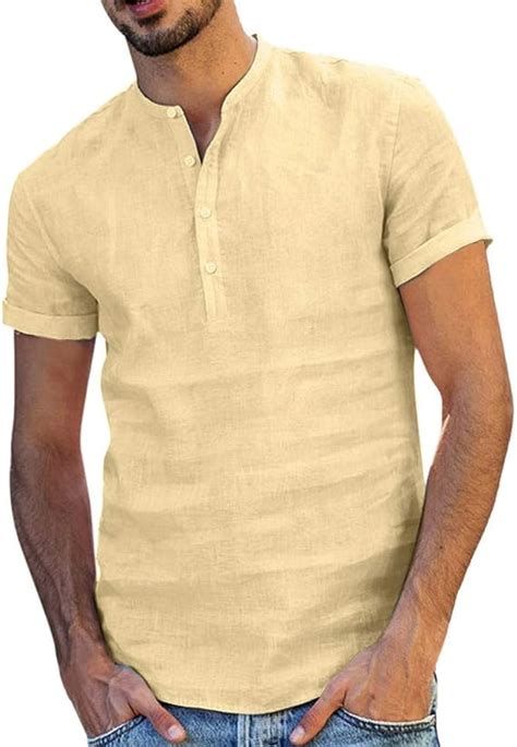 Mens Linen Short Sleeve Summer Solid Shirts Casual Loose Dress Soft