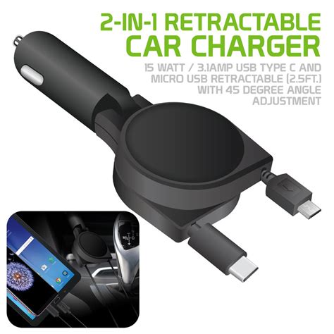 2 In 1 Retractable Car Charger 15 Watt 31amp Usb Type C And Micro