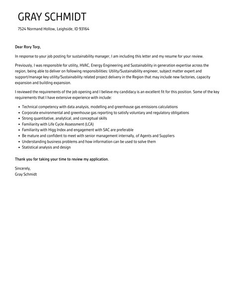 Sustainability Manager Cover Letter Velvet Jobs