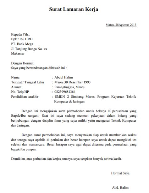 Bank negara indonesia (persero) tbk. Contoh Surat Lamaran Kerja Bank Mandiri Syariah - Bali
