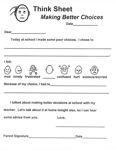 Think Sheet Making Better Choices Classroom Behavior