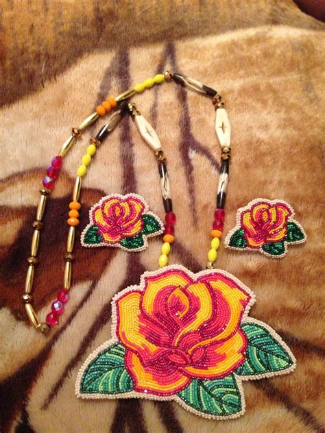 Beadwork Rose Necklace And Earring Set Bead Work Bead Sewing