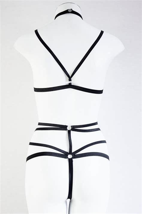 black fashion black body harness pentagram panties goth clothing exotic dancewear boudoir
