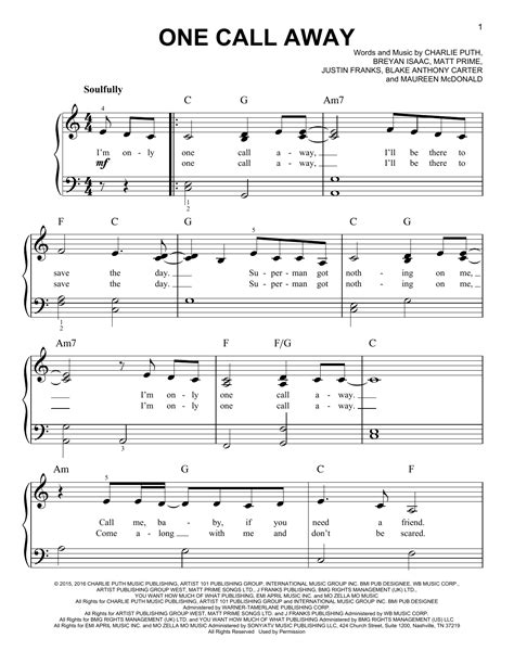 Play the piano sheet music of castle in the sky. One Call Away Sheet Music | Charlie Puth | Easy Piano