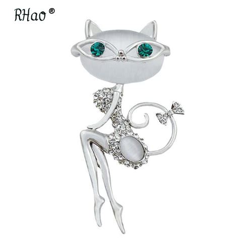 Rhao Kittens Cat Brooches High Quality Green Eye With Glasses Crystal Collar Cat Pins Girl