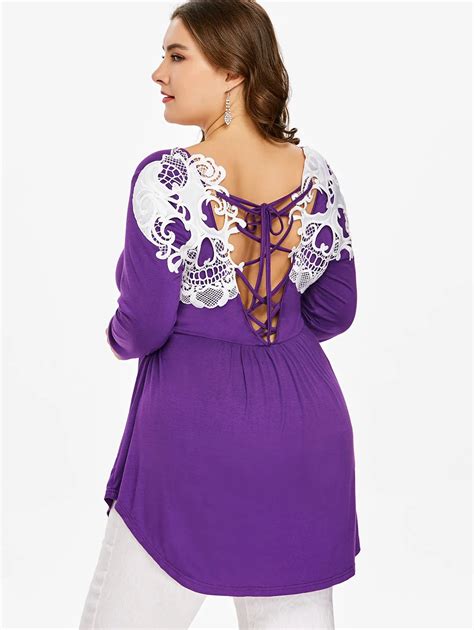 Wipalo Plus Size Lace Up Cut Out Back T Shirt Plunging Neck Long Sleeve High Waist Tunic Tee