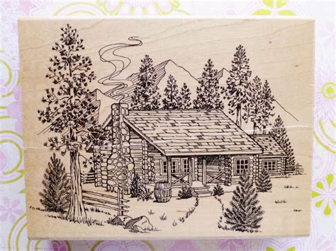 Embossing Arts Rubber Stamp Log Cabin In The Woods Xxl Nature Sketch