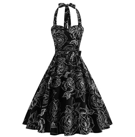 gothic floral print halter neck dress vintage halter dress retro swing dresses halter