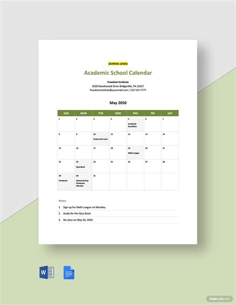 Academic School Calendar Template In Ms Word Gdocslink Download