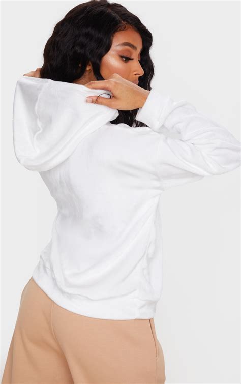 White Velour Hoodie Tops Prettylittlething