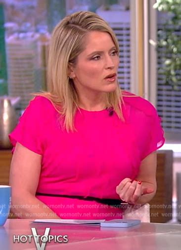 WornOnTV Saras Pink Contrast Ruffle Dress On The View Sara Haines Clothes And Wardrobe From TV