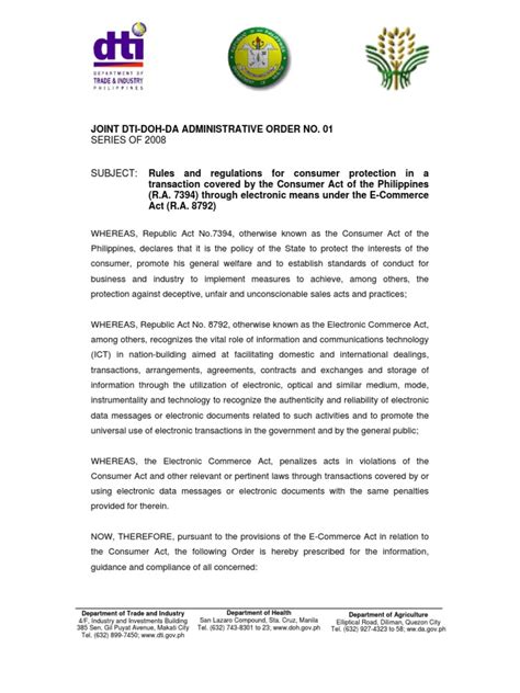 10 principles of consumer protection for electronic commerce: Joint DTI-DOH-DA Administrative Order #1 Rules and ...