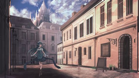 City Street Architecture Long Hair Anime Anime Girls Blue Hair