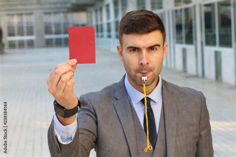 Businessman With Whistle And Red Card Stock Foto Adobe Stock