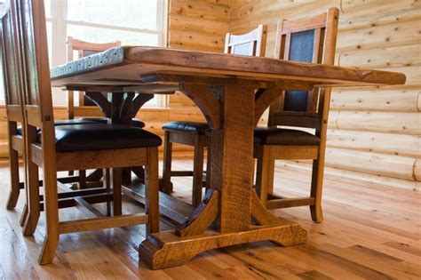 trestle base reclaimed wood dining table farmhouse