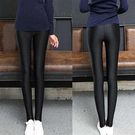 Women Faux Leather High Waist Leggings Wet Shiny Stretchy Black Tight