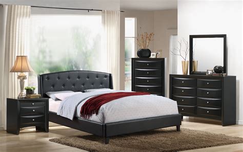 Modern 3pc Bedroom Set Queen Size Bed 2x Nightstands Black Bonded Leather Tufted Hb Bedroom