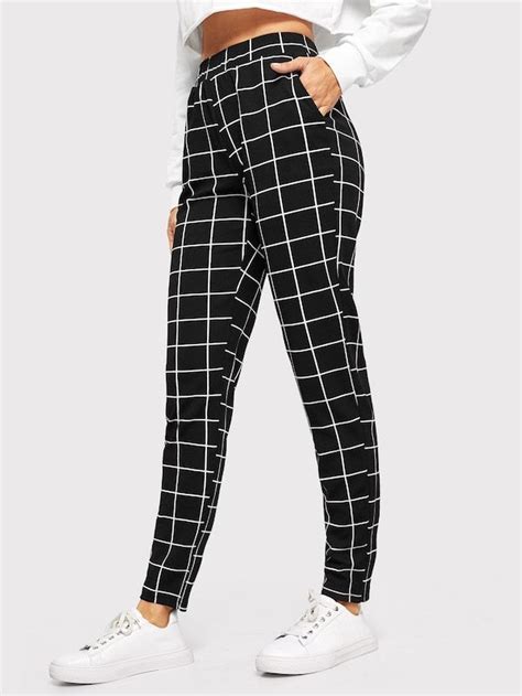 Shein Elastic Waist Slant Pocket Grid Pants Pants For Women Women