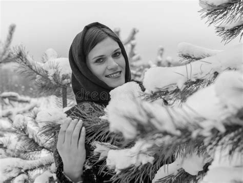 russian beautiful girl near the christmas tree in the woods stock image image of frost blue