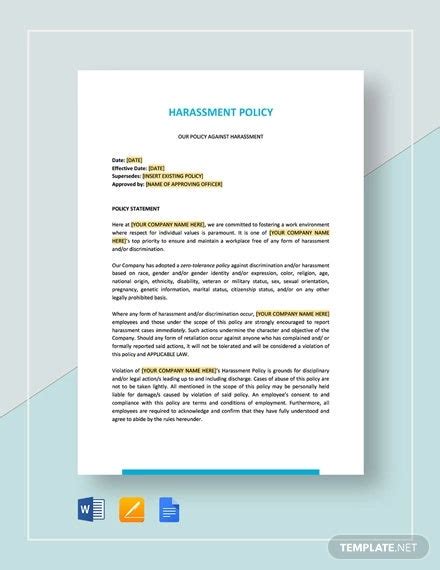 In support of the harassment investigation, several service employees wrote a joint email professionalism because of the harassment complaint. 6+ Harassment Policy Templates - PDF, DOC | Free & Premium ...