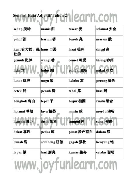 Kata adjektif boleh dibahagikan kepada sembilan subgolongan. standard 2 senarai dan latihan kata adjektif