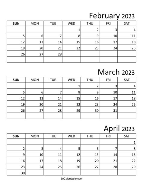 Calendar February March April 2023 Three Month Printable Template