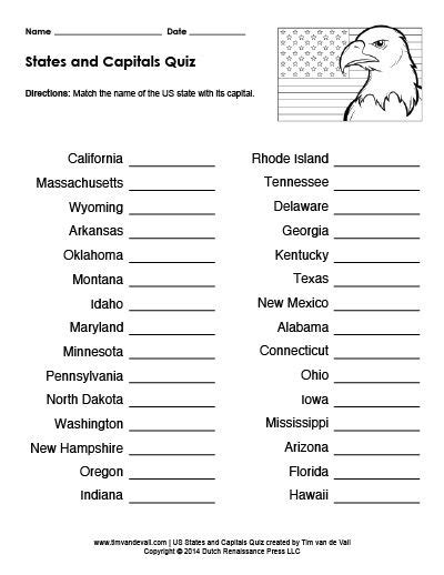 Printable Us States And Capitals Quiz Practice Test Pdf Tims