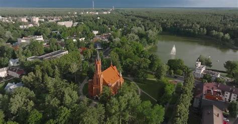Panoramic View Of Lithuanian Resort Druskininkai Church In City Park