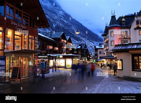 Winter Snow Zermatt Town At Night Valais Canton Pennine Alps Stock