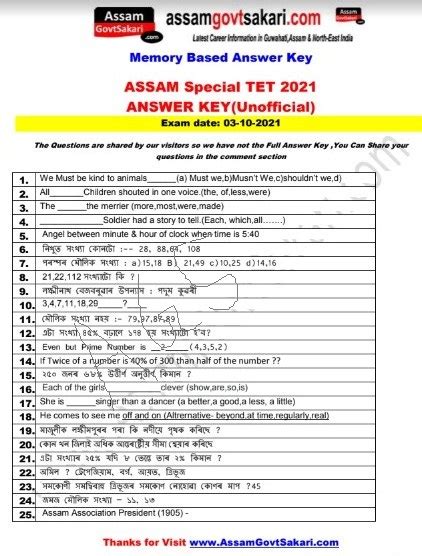 Assam Special Tet Question Paper Special Tet Exam Answer Key
