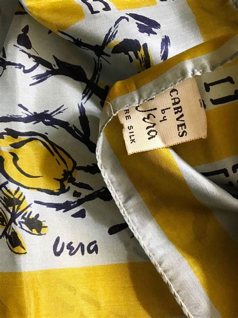 Large floral pattern with bamboo border silk scarf. Vintage Vera Silk Scarf 1950s Blue and Yellow Floral ...