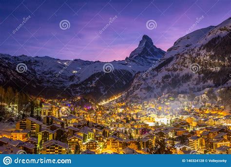 Zermatt Town And Matterhorn Mountain At Winter Night Swiss Alps