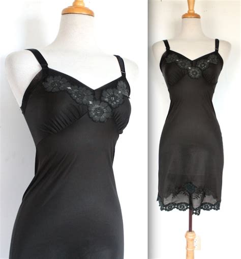 Vintage 1960s Slip 50s 60s Black Floral Lingerie Dress