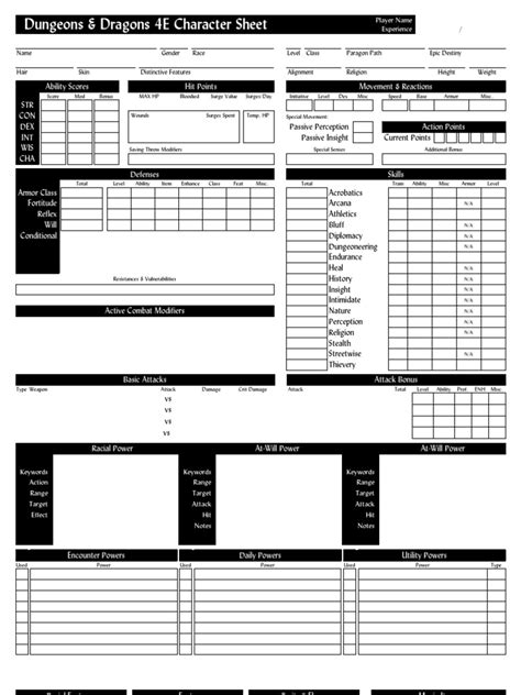 Custom Dandd 4th Edition Character Sheet Pdf Fantasy Role Playing