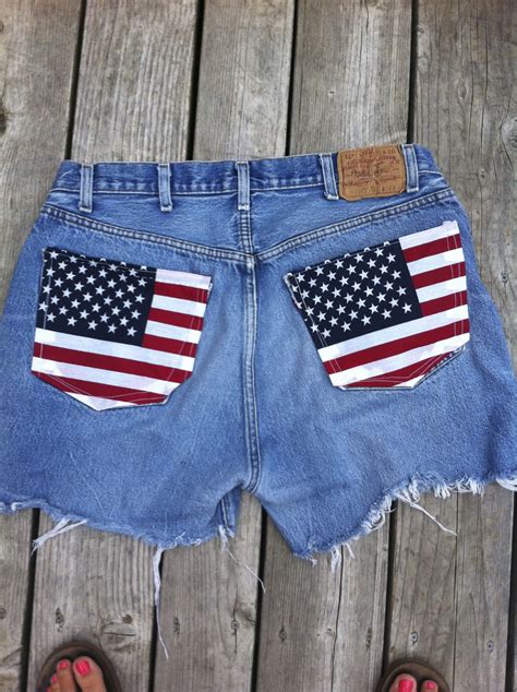 American Flag Pocket Jean Shorts Denim Stitches Repurposed Denim
