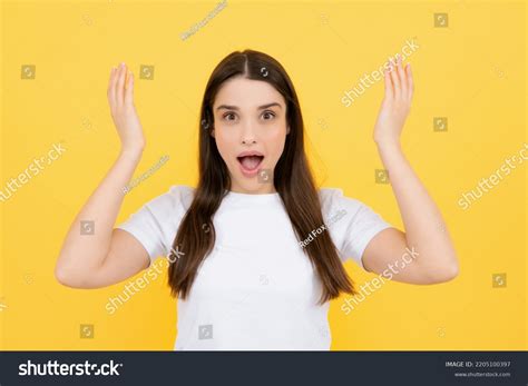 Surprised Astonished Young Woman Open Mouth Stock Photo 2205100397