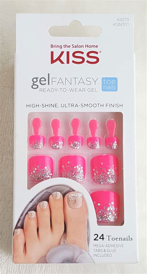 Kiss Gel Fantasy 24 Toenails Gluepress Ons Pink Wiridescent Glitter