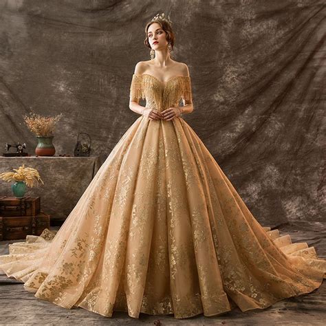 Luxury Gorgeous Gold Wedding Dresses Ball Gown Off The Shoulder Beading Tassel Lace