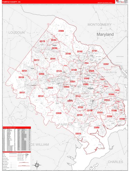 Fairfax County Va Zip Code Wall Map Red Line Style By Marketmaps