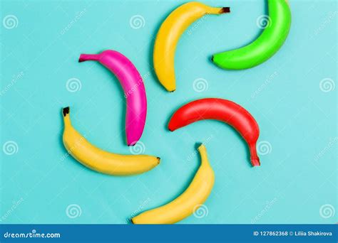 Colorful Fruit Pattern Of Fresh Yellow Red Pink Green Bananas On