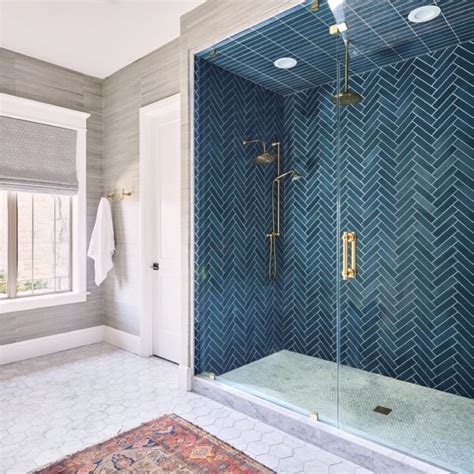 Bathrooms Of Instagram On Instagram “deep Blue Tile Laid In A Herringbone Pattern Marble