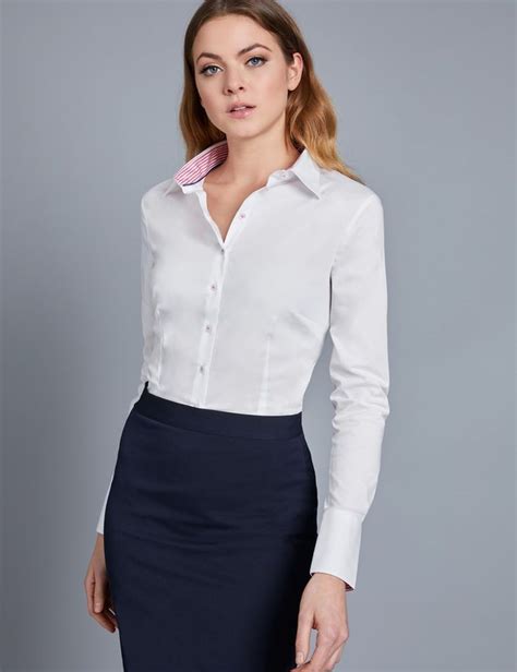 Womens White Fitted Shirt With Stripe Contrast Detail Single Cuff